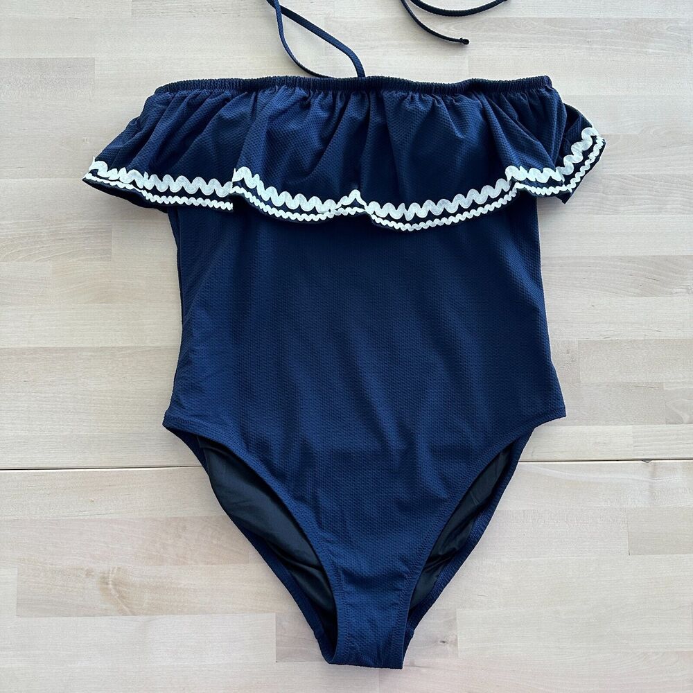 J. Crew Swimsuit Womens 10 Ruffle Bandeau One Piece Bathing Suit Navy Nautical